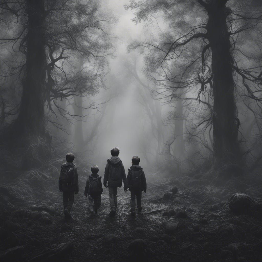 Lost Boys in Foggy Forest, Black and White Photorealism