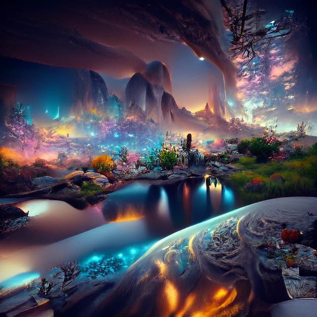 Sci-Fi Zen Garden with Cosmic Sky and Flora