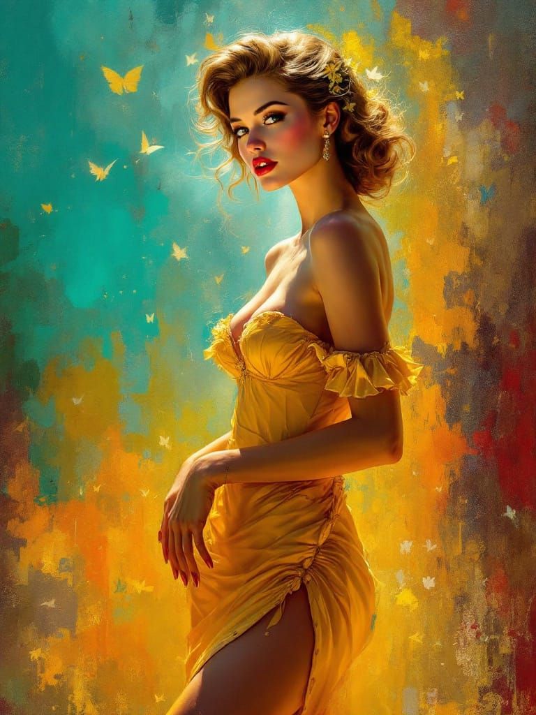 1950s Pin-Up Woman With Painterly Brushstrokes