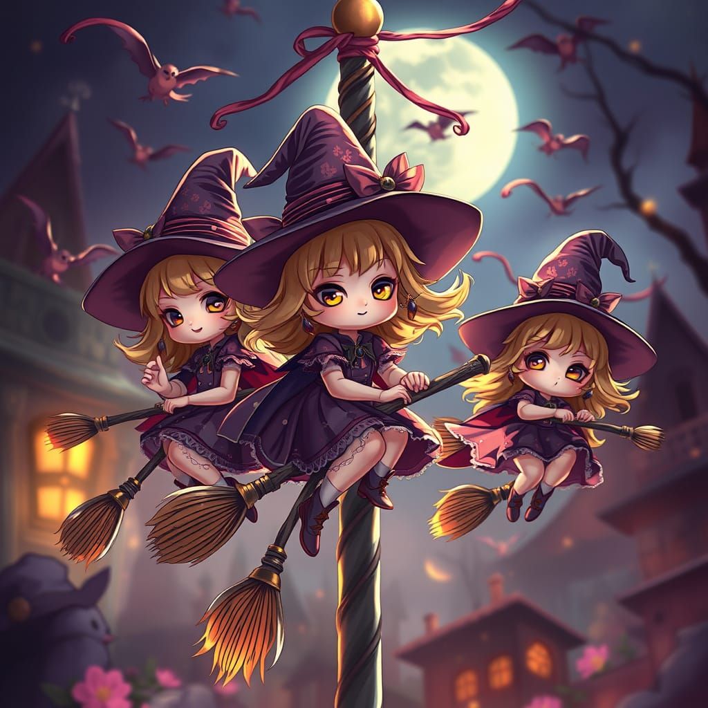Chibi Chick Witches Dance Around Maypole: Dark Fantasy