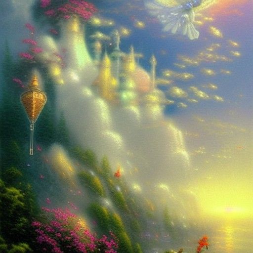 Ethereal Flying Babies in Cloudy Fantasy Landscape