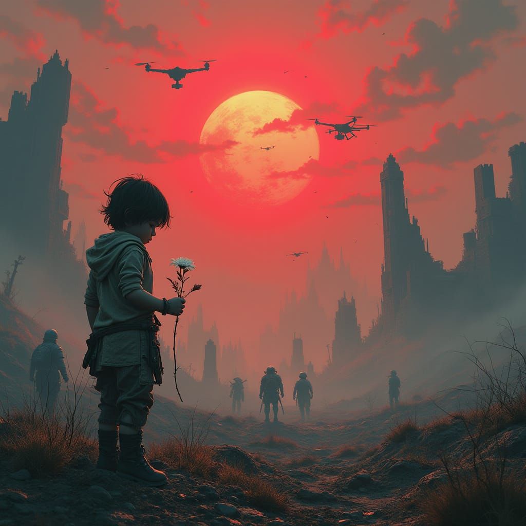 Child on Bioluminescent Battlefield Amidst Robotic Empires