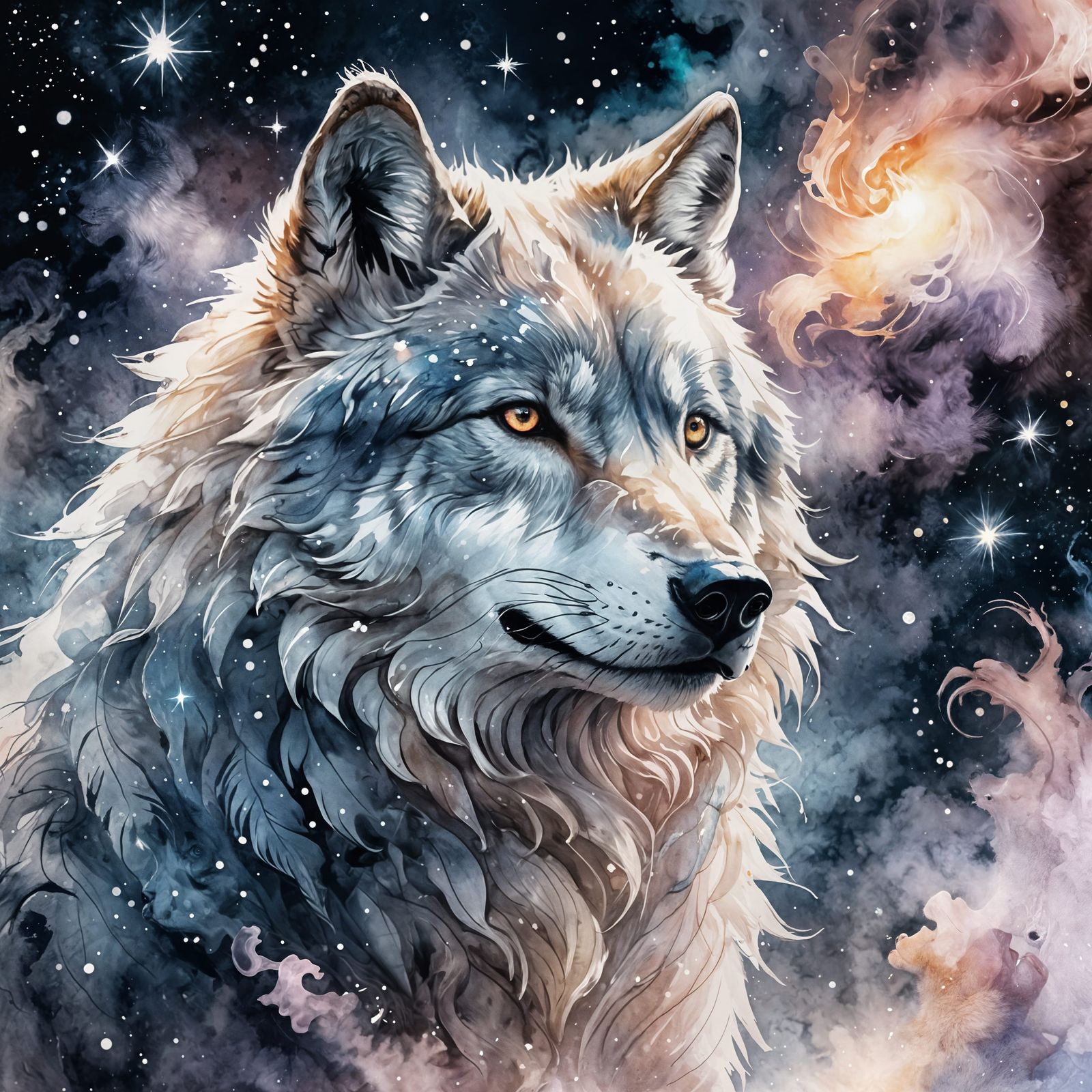 Dreamy Wolf Illustration in Watercolor Style