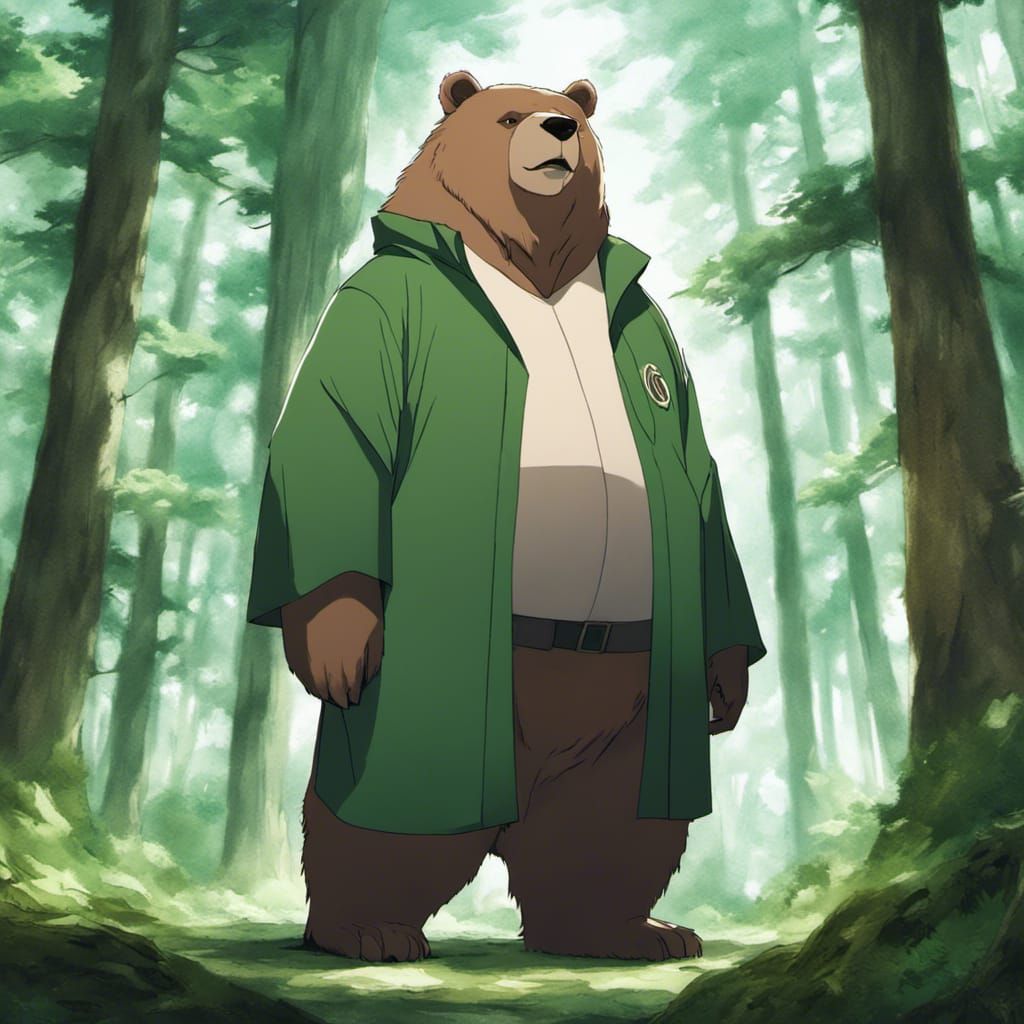 Anime Bear Portrait in Forest with Green Robe