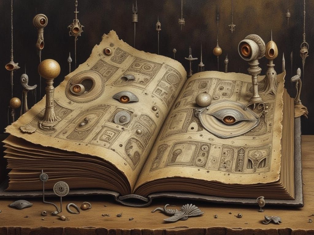 Alien History Book in Sepia Surrealist Style