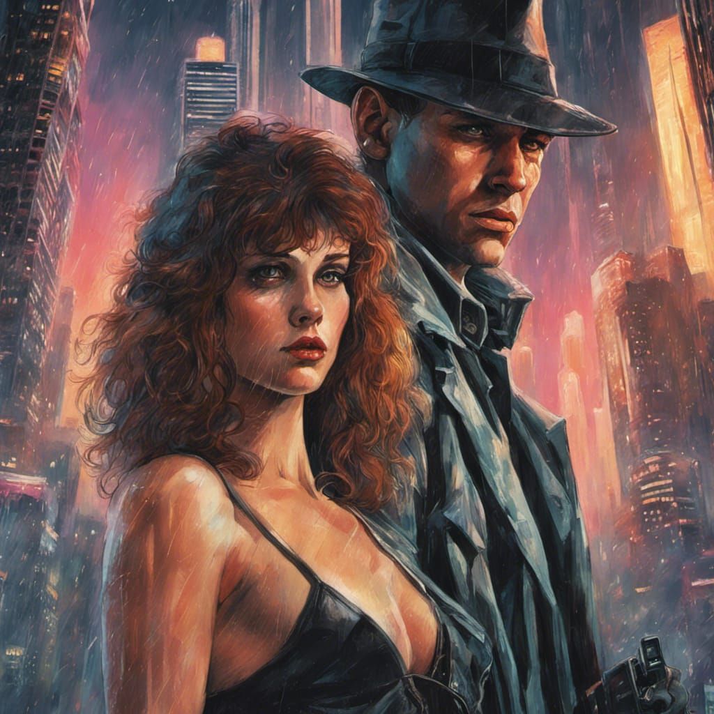 Cyberpunk Embrace: 1980s Action Movie Scene