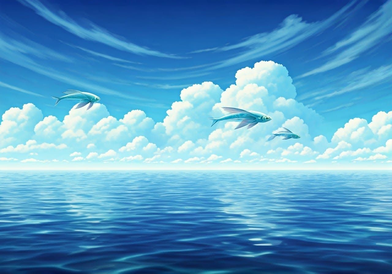 A strange world where the sky has flying fish and the ocean has swimming birds