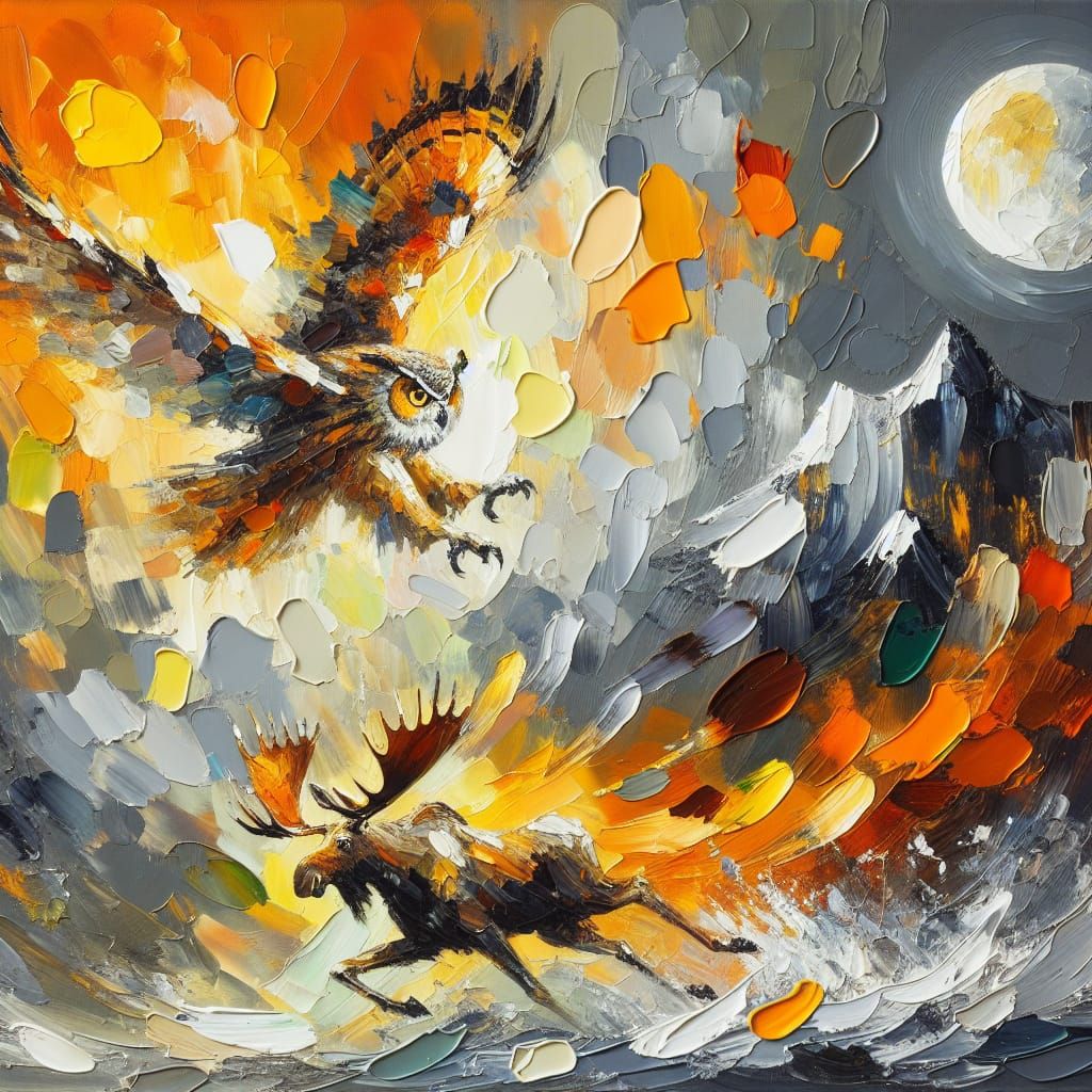 Abstract Expressionist Owl Hunting Moose in Moonlight