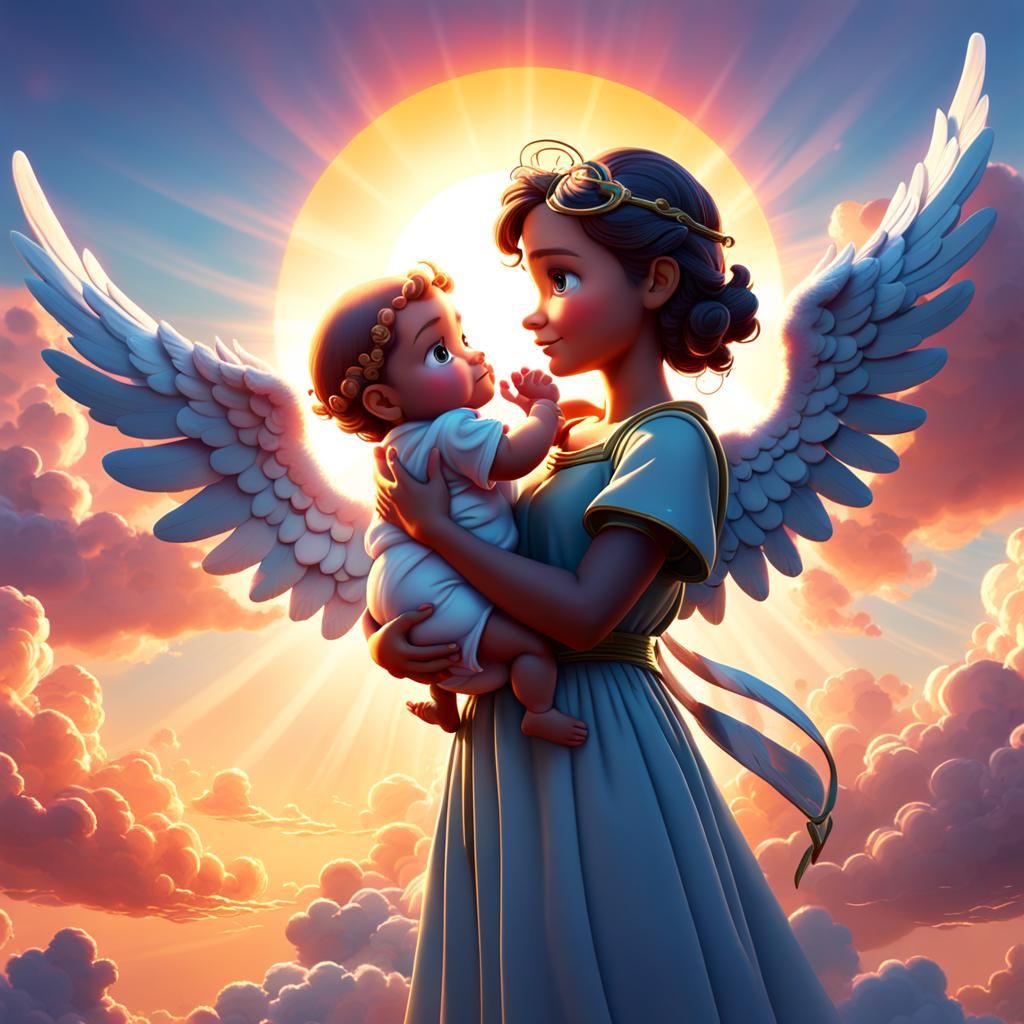 Angel and Baby at Sunrise: 3D Digital Art
