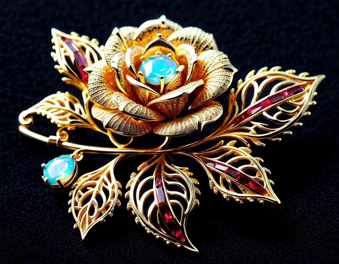 Elegant Gold Rose Brooch with Gemstones on Velvet