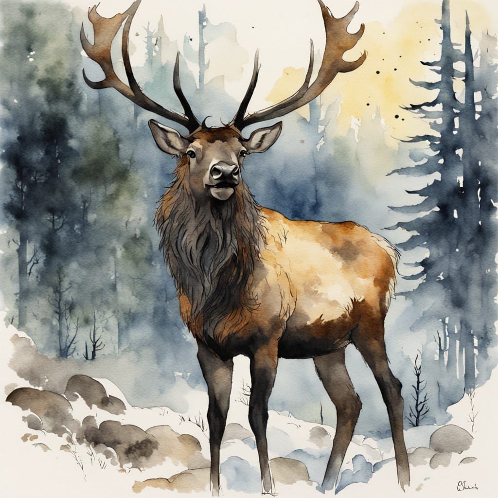 Elk in Scandinavian Forest Watercolor