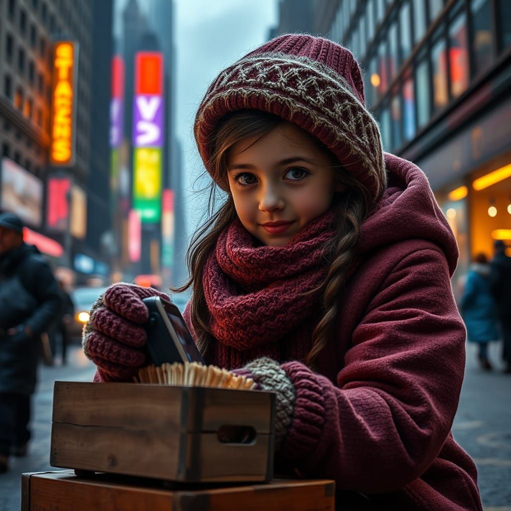 Girl Selling Matches with Card Reader, Hyperrealistic HDR