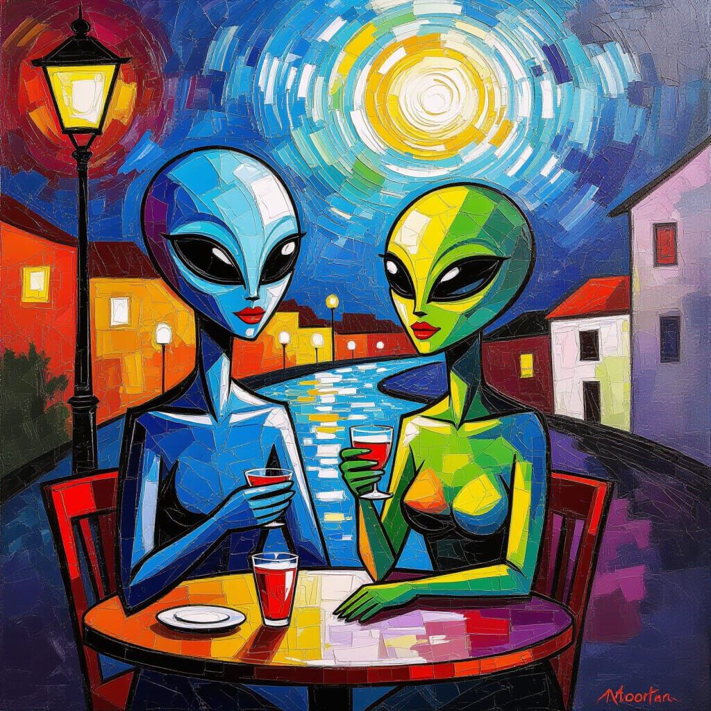 Alien Marketplace: Neo-Impressionist Oil Painting