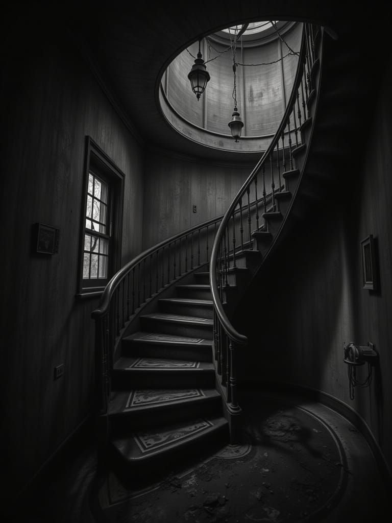Eerie Spiral Staircase in Analog Horror Style