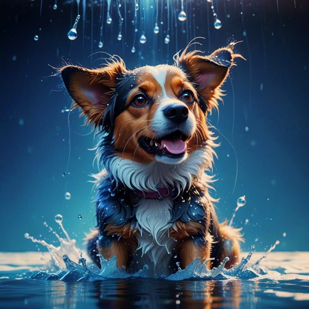 Vibrant Cartoon Dog Soaks in a Hyperrealistic Bath Scene