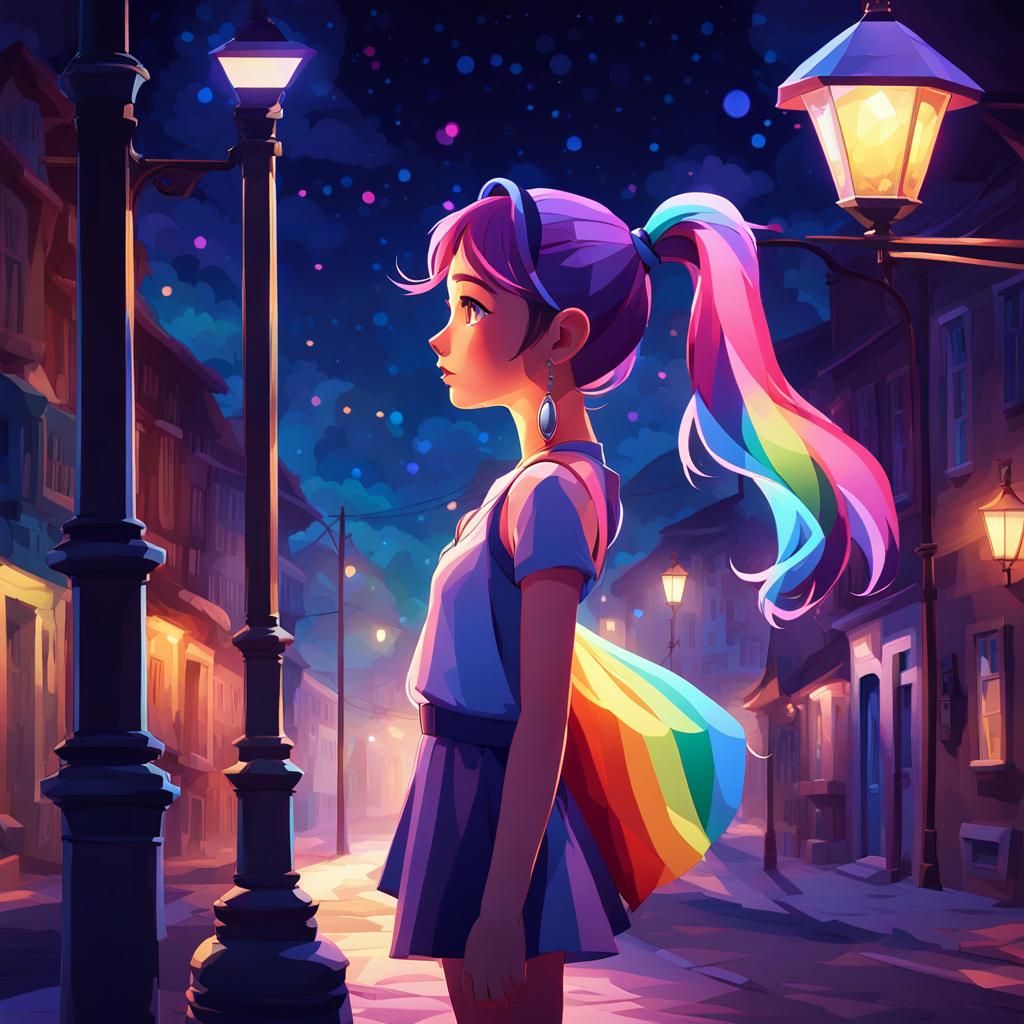 Fairy Girl Under Streetlight in Low-Poly Art Style