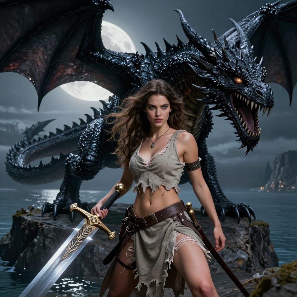 Sorceress Battles Black Dragon in Epic Matte Painting