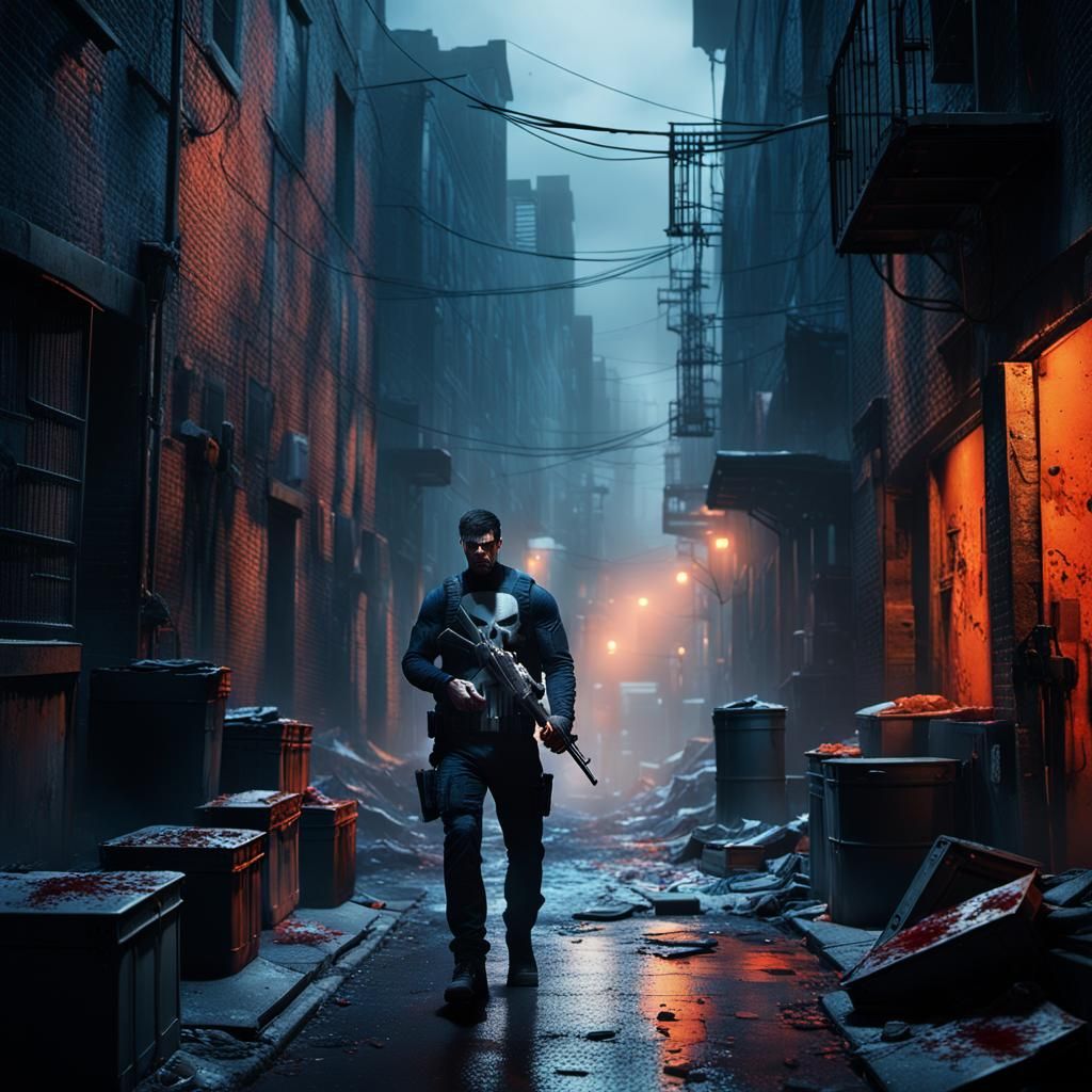 The Punisher in Dimly Lit Alleyway, Matte Painting