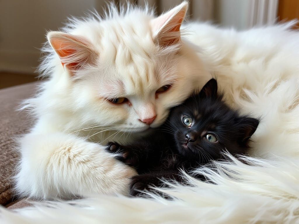 Shaggy White Cat Cuddles Tiny Black Kitten