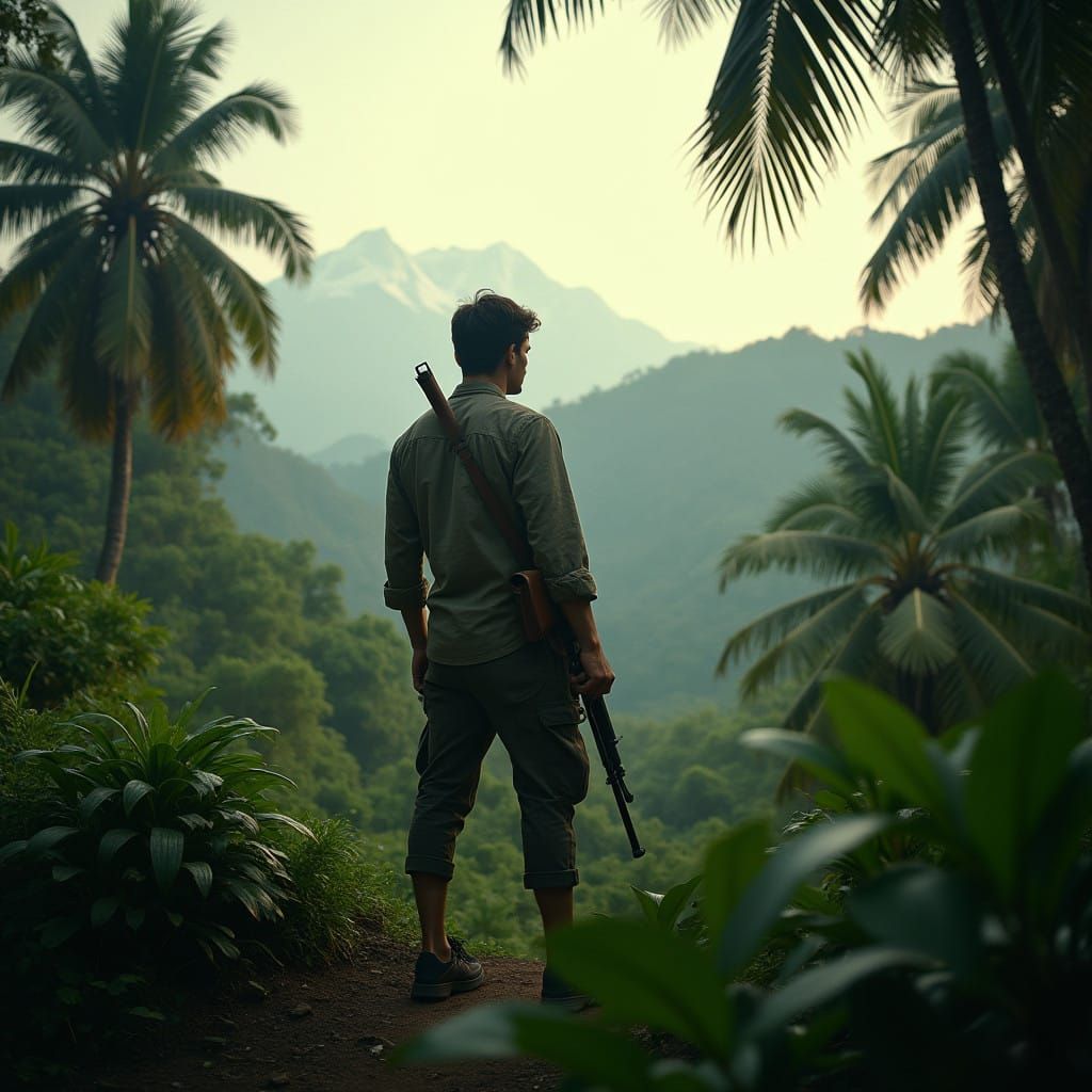 A Man Surrounded by Majestic Dragons in a Lush Jungle Landsc...