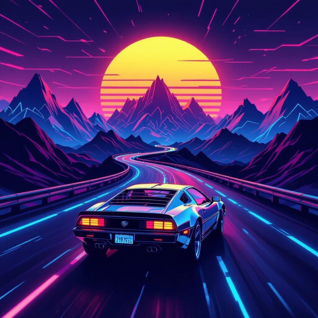 1980s Chrome Sports Car Speeds Through Neon Cityscape