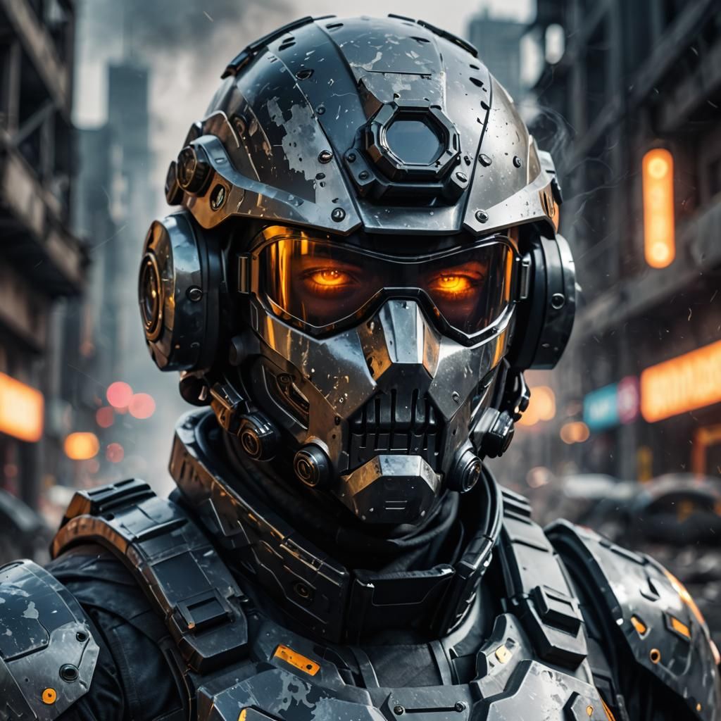 Futuristic Soldier in Armored Googles Double Exposure