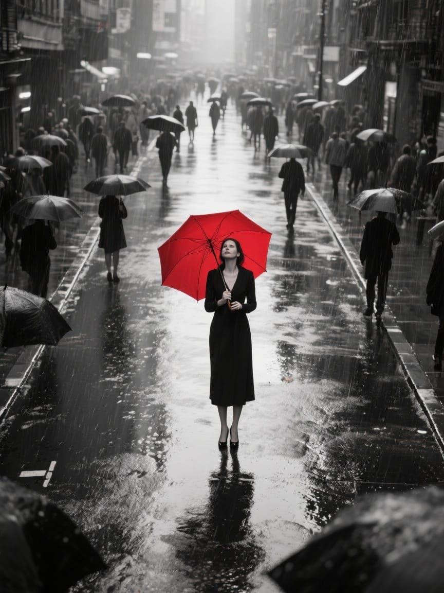 Red Umbrella Stands Out in Rainy Cityscape