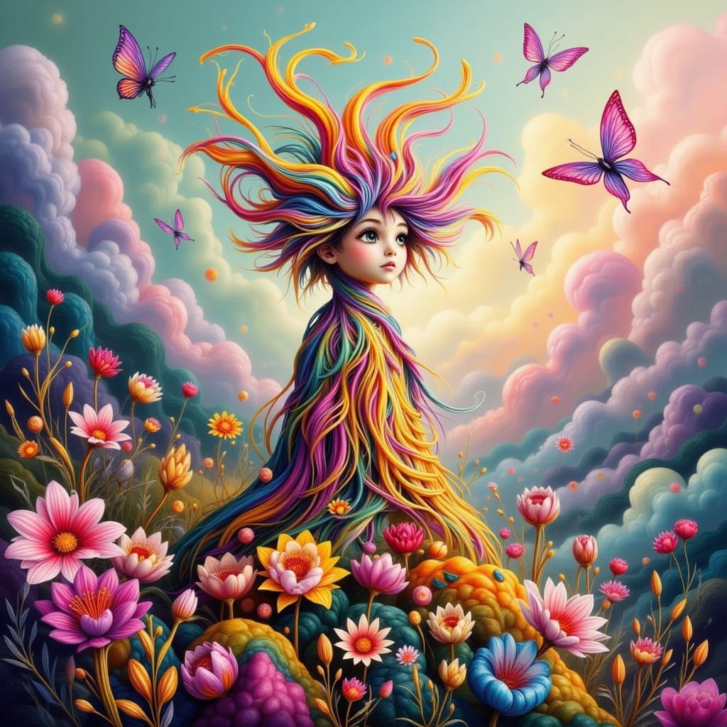 Magical Cat in Colorful Floral Landscape