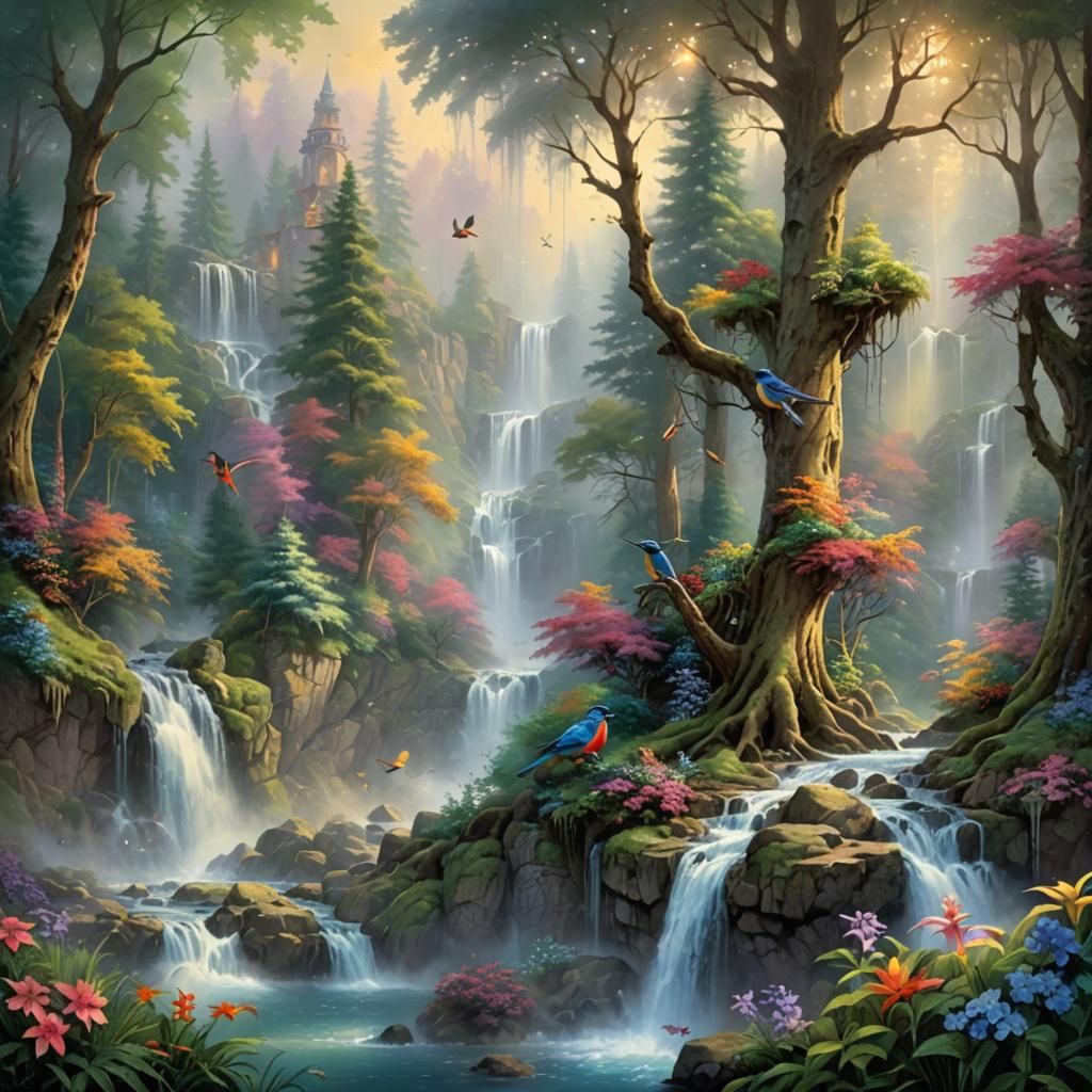 Lush Forest Waterfalls in Ethereal Fantasy Style