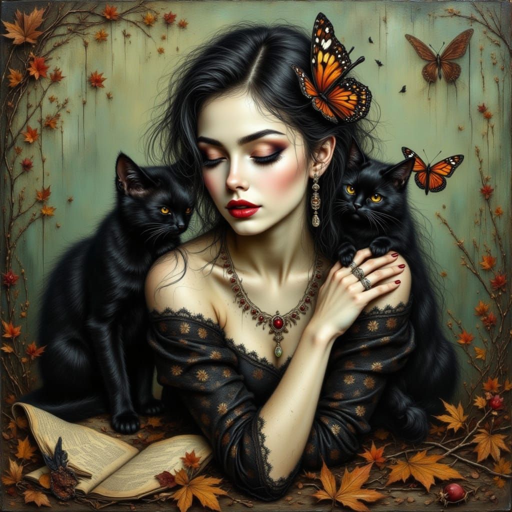 Gothic Woman with Cat and Butterflies Portrait