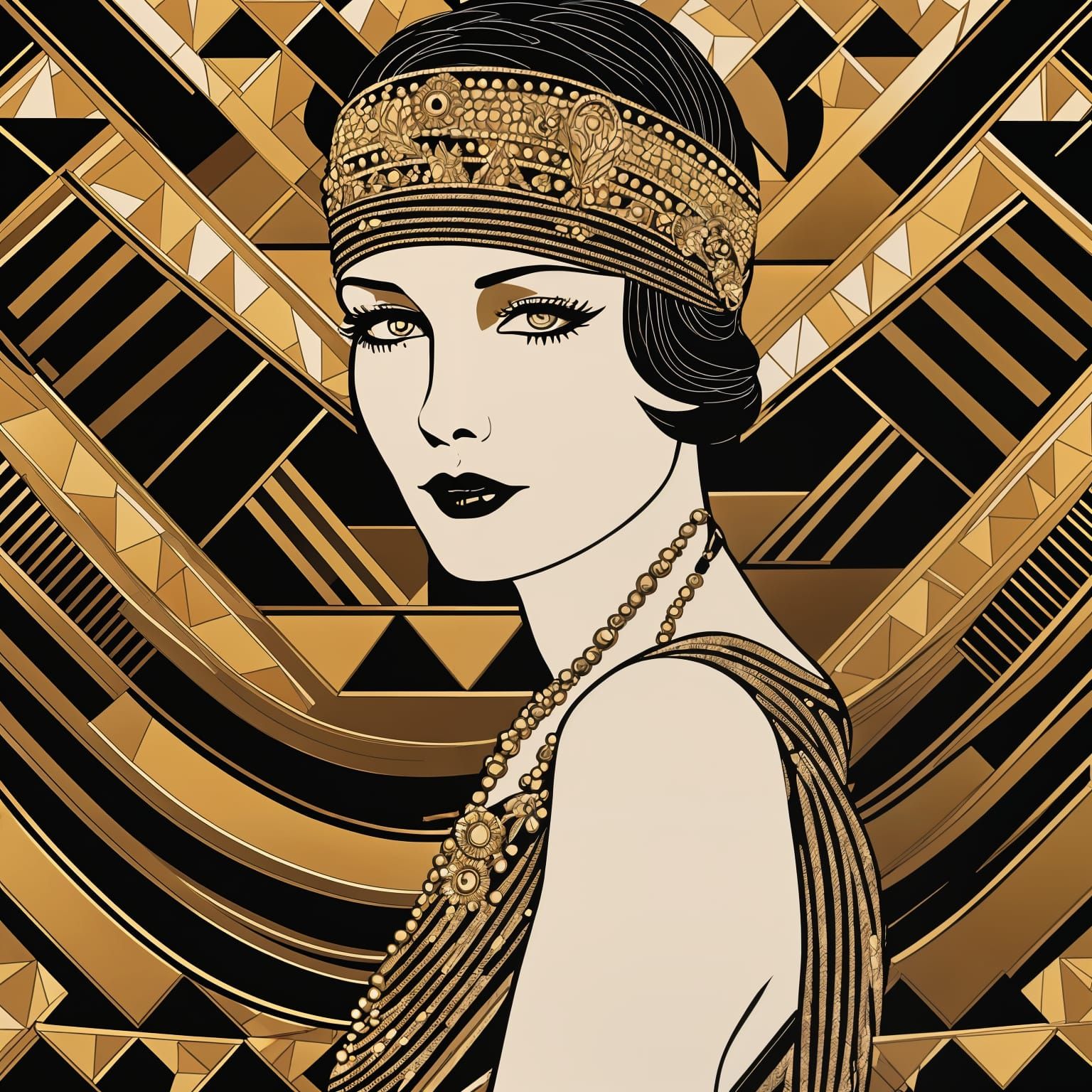 Art Deco Gold and Black Line Art Painting