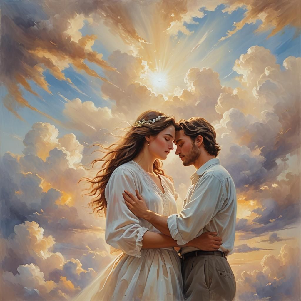 Romantic Couple Embracing in Ethereal Oil Painting