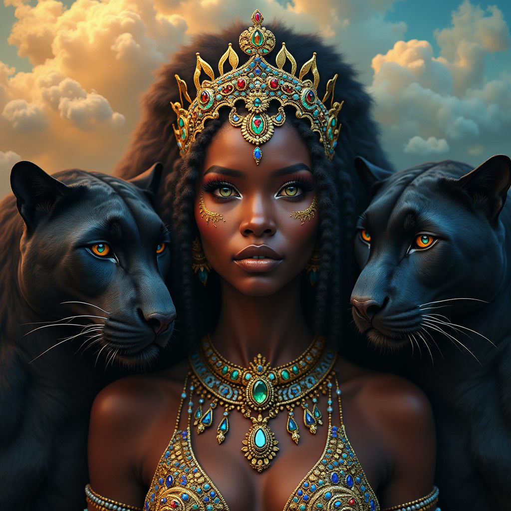 African Goddess with Panthers in Photorealistic Rendering