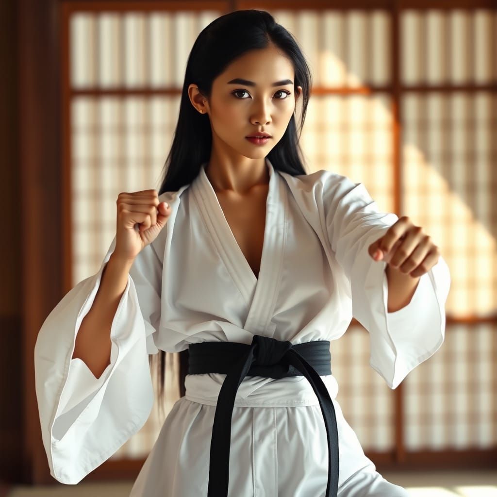Focused Japanese Woman in Martial Arts Gi Portrait