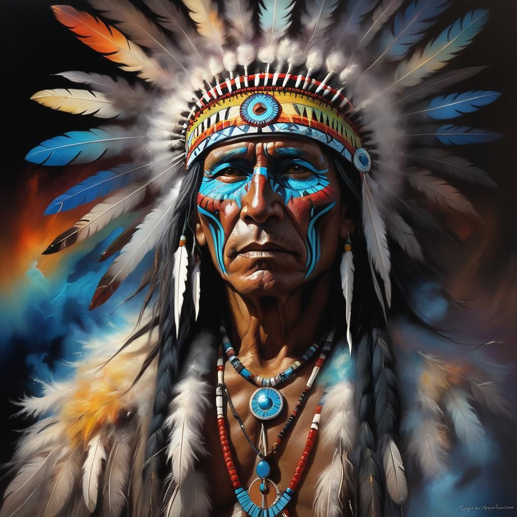 Native American Medicine Man Conjures Spirit in Oil Painting