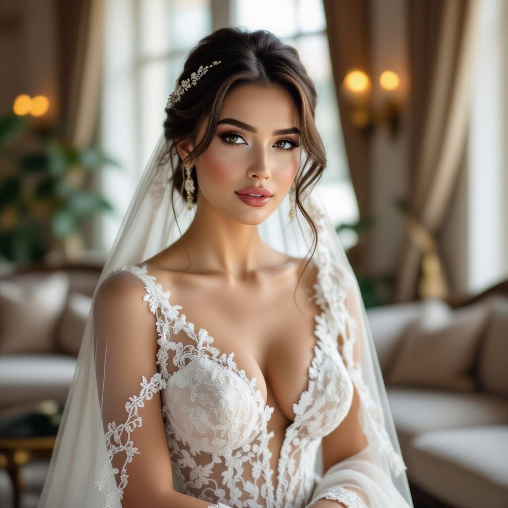 Eastern Bride in Luxury Lounge, Hyperrealistic Style