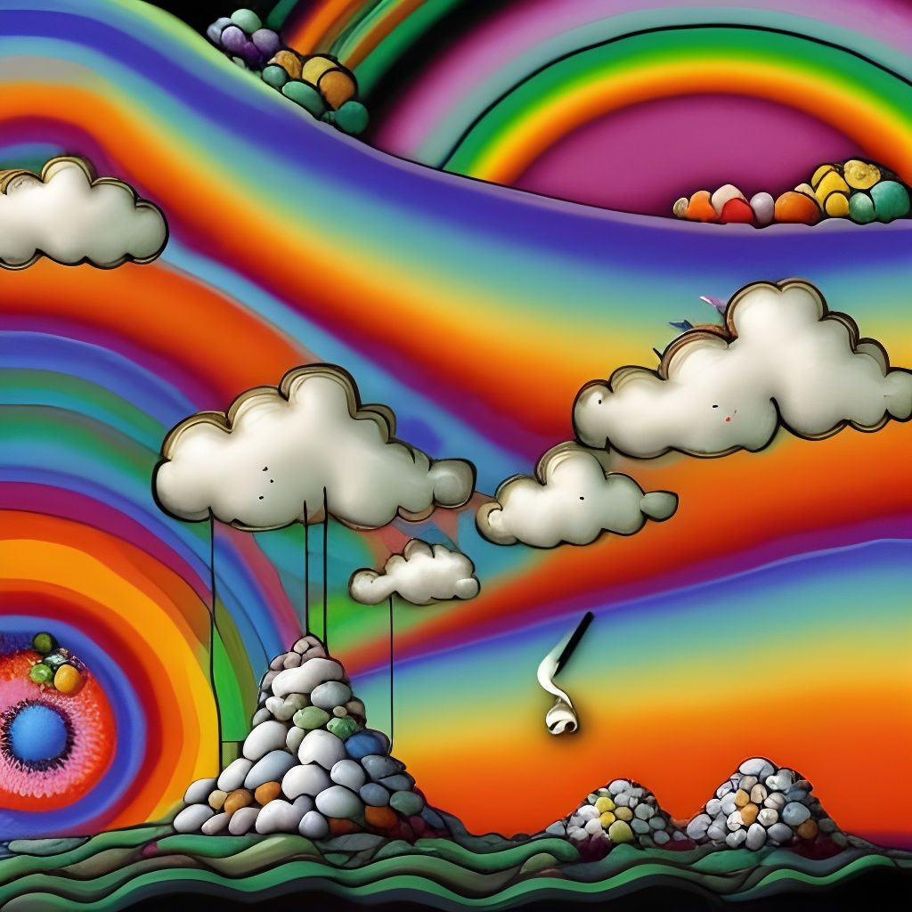 Psychedelic Dreamscape with Sushi and Multicolored Clouds