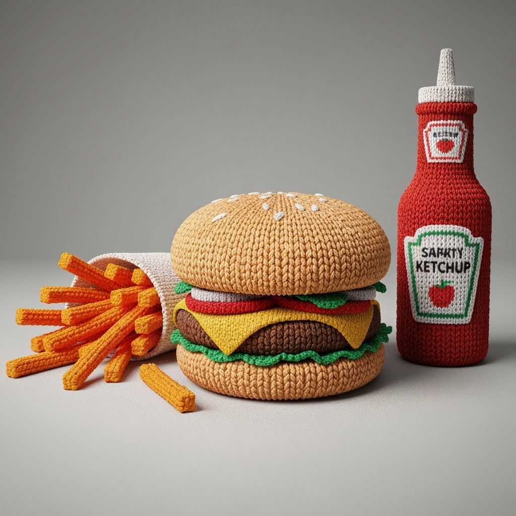 Knitted Fast Food Still Life: Hyperrealistic Digital Art