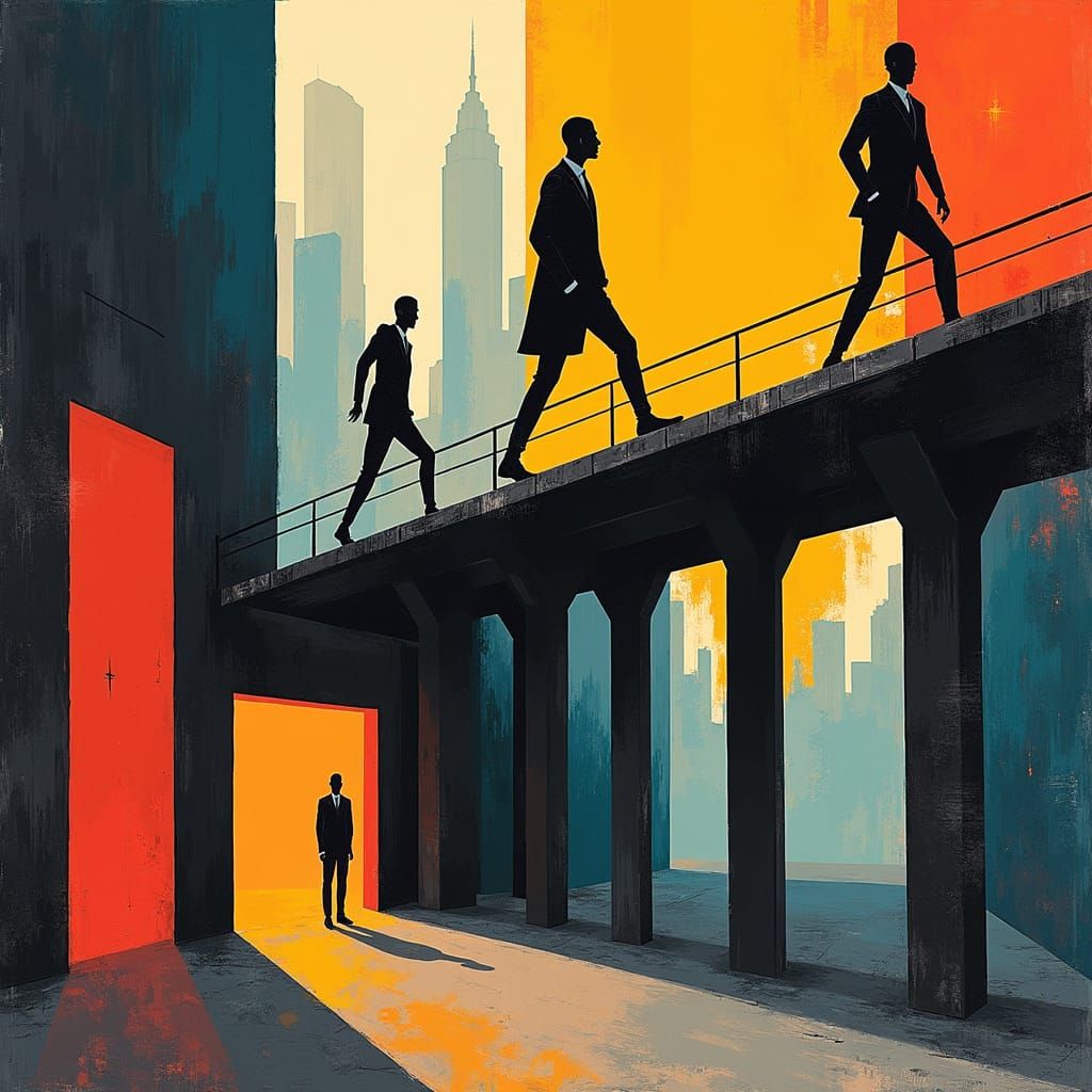 Abstract Expressionist Bridge Scene in Bauhaus Style