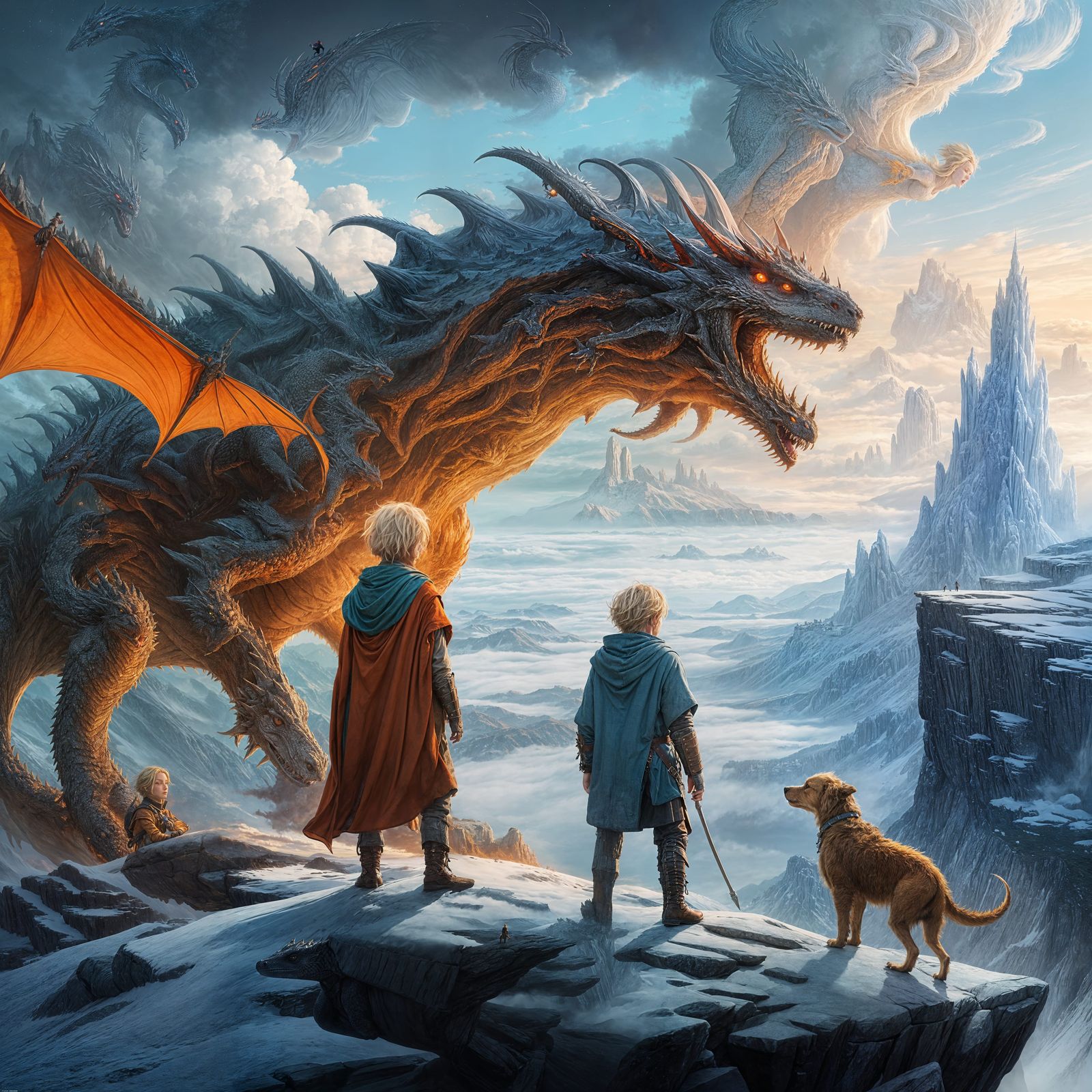 Medieval Youth Protects Dog from Dragon in Fantasy Art