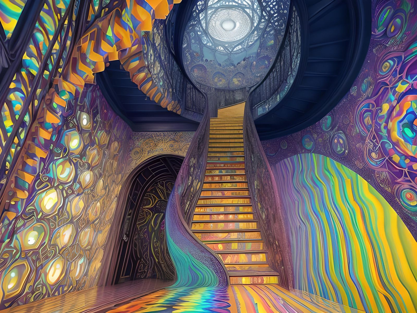 Psychedelic Mad Scientist in Optical Illusion Staircase