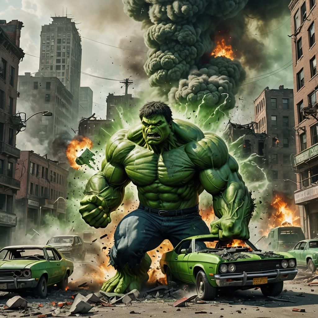 Hulk Smashing Car in Burning City
