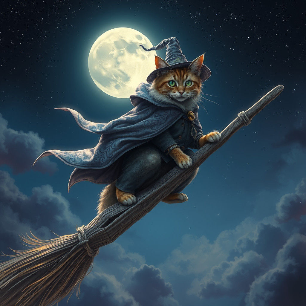 Mystical Feline Sorcerer Flying Through Starry Sky