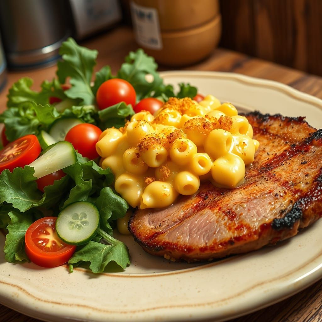 Golden Macaroni and Cheese with Ham Steak and Fresh Salad