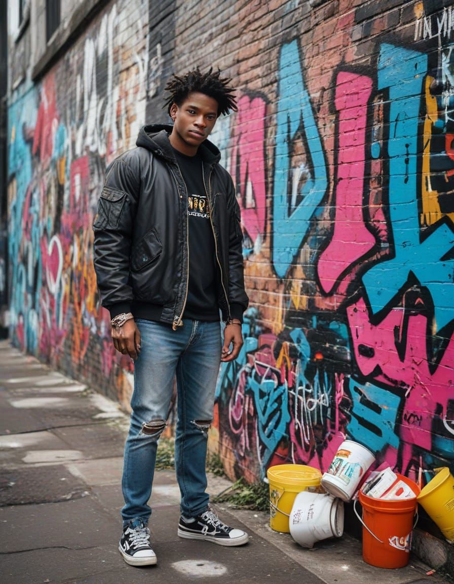 Urban Artist Stands Before Neon-Lit Graffiti Mural in Retro-...