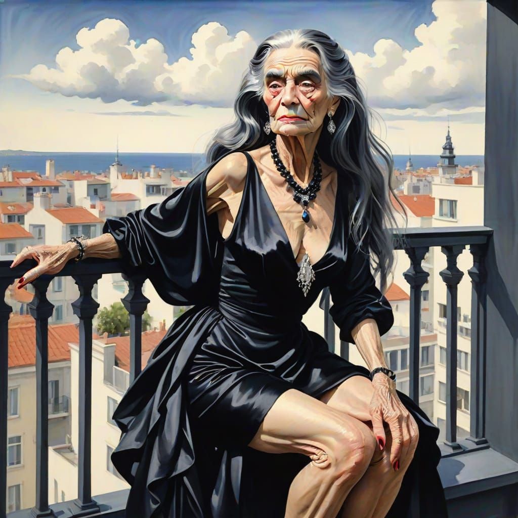 Elderly Transvestite in Gouache Style on Penthouse Balcony