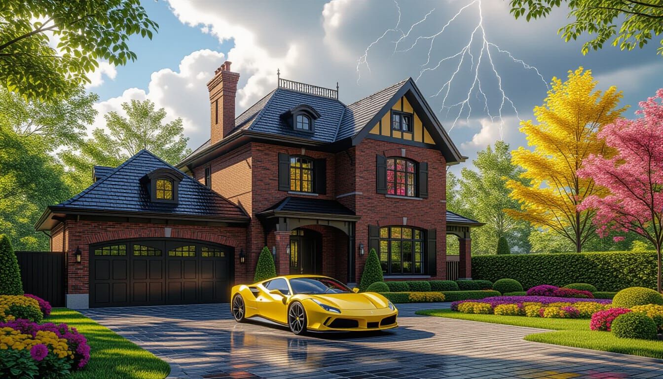 Victorian Chateau with Ferrari in Vibrant Garden