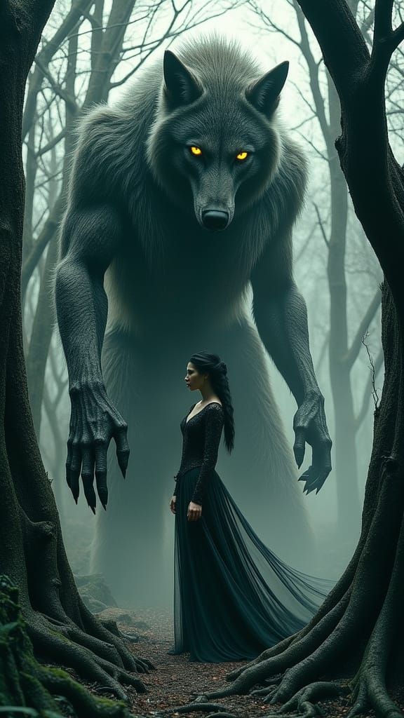 Fearless Woman Stands Before Majestic Werewolf in Moonlit Tr...