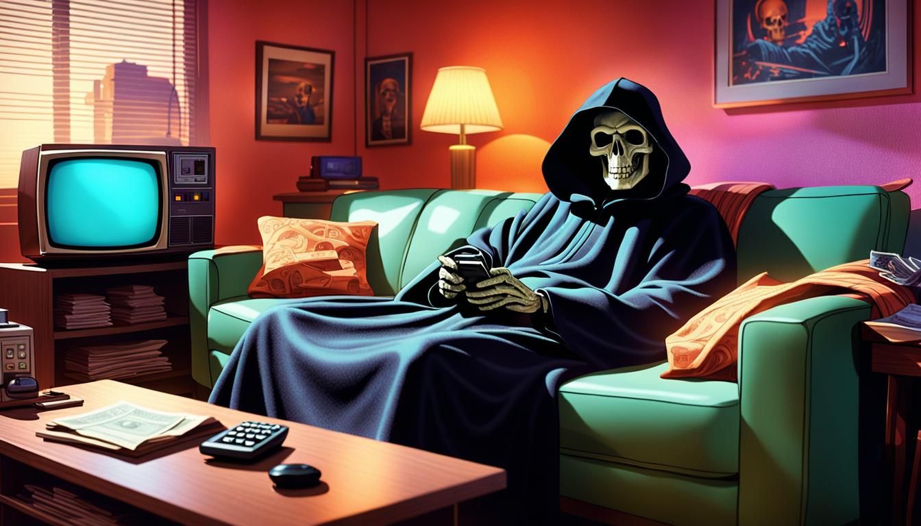 Grim Reaper's Day Off: Retro-Futuristic Film Still