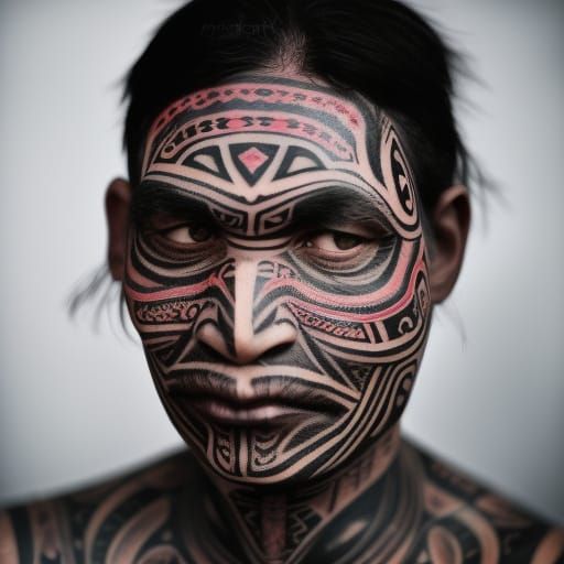 Maori Man with Tribal Face Tattoo Portrait